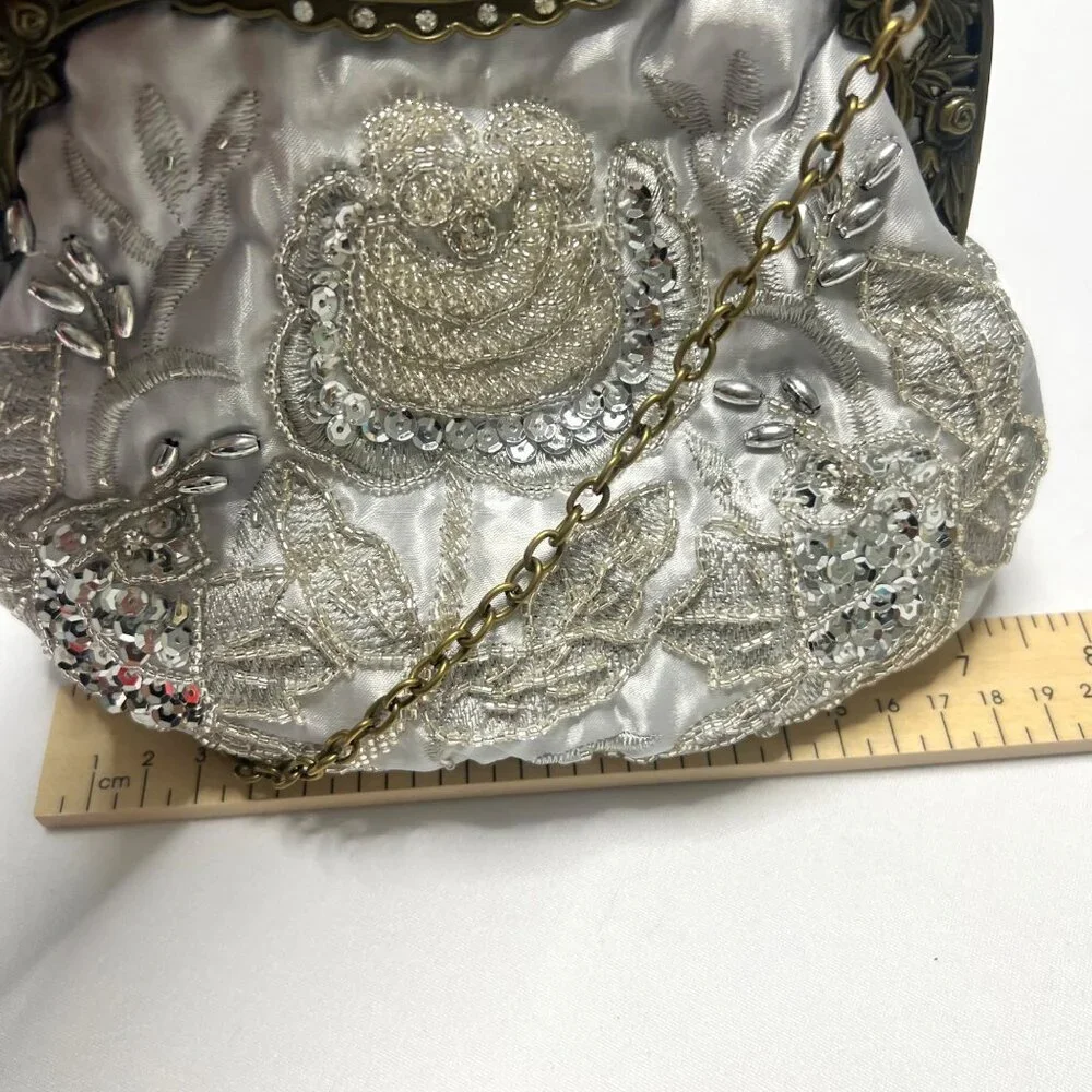 Vintage Style Purse White Satin Embroidered Small Purse With Brass Frame & Chain